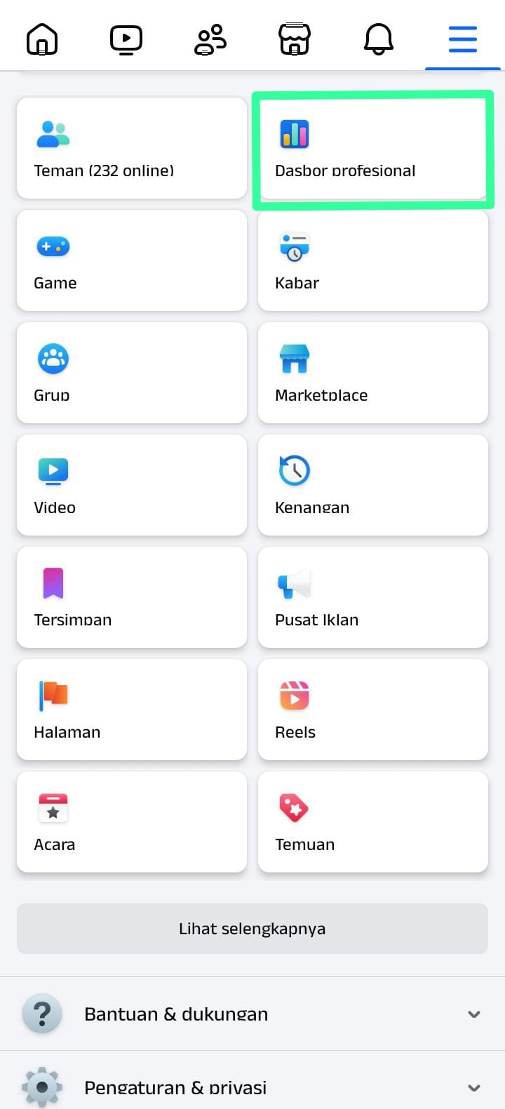 halaman Menu Facebook