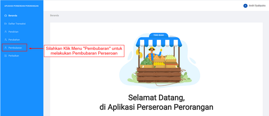 Menu Pembubaran untuk melakukan Pembubaran Perseroan Perorangan