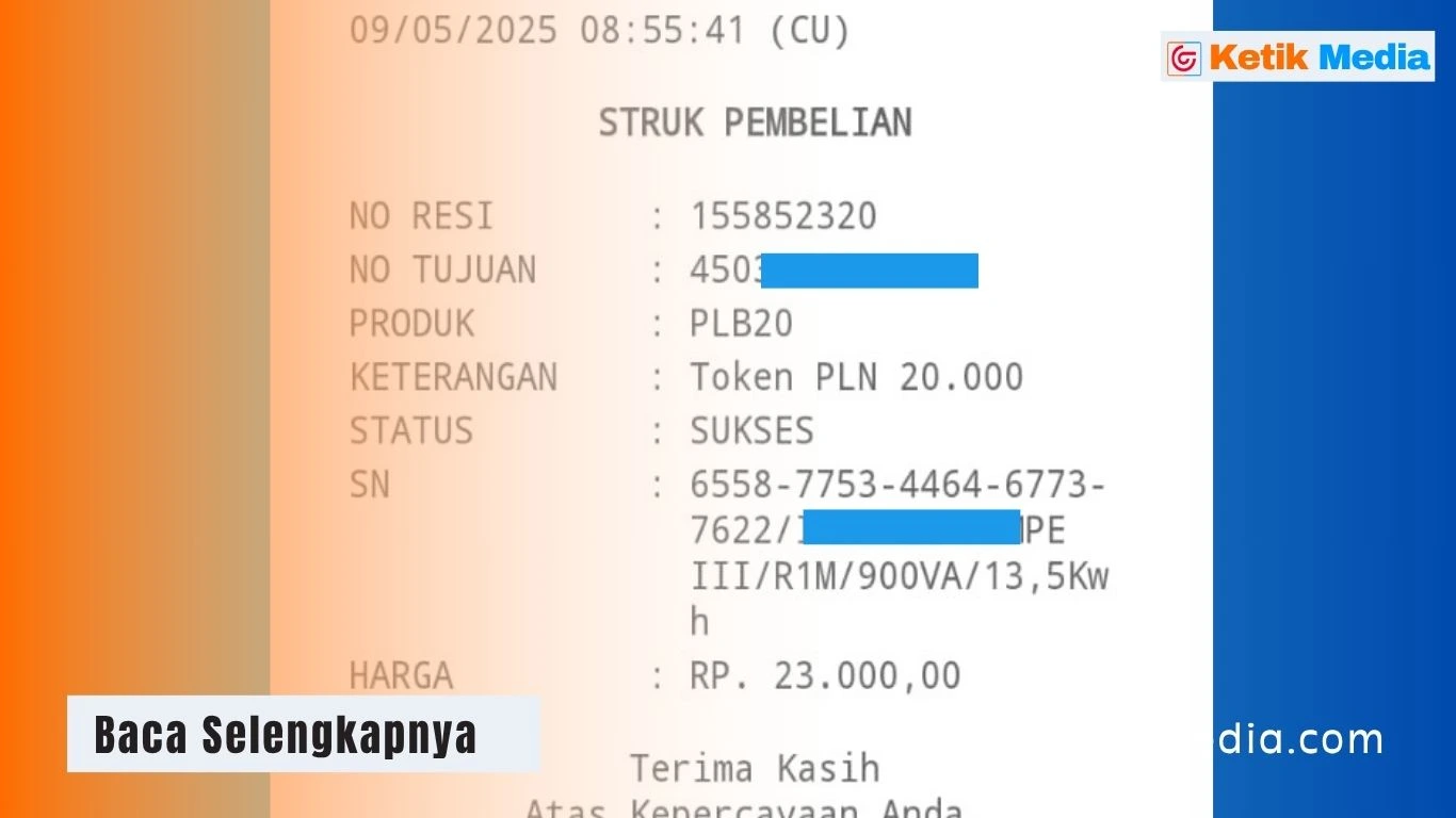 Contok struk token listrik Rp. 20.000 untuk daya 900 VA Non-Subsidi