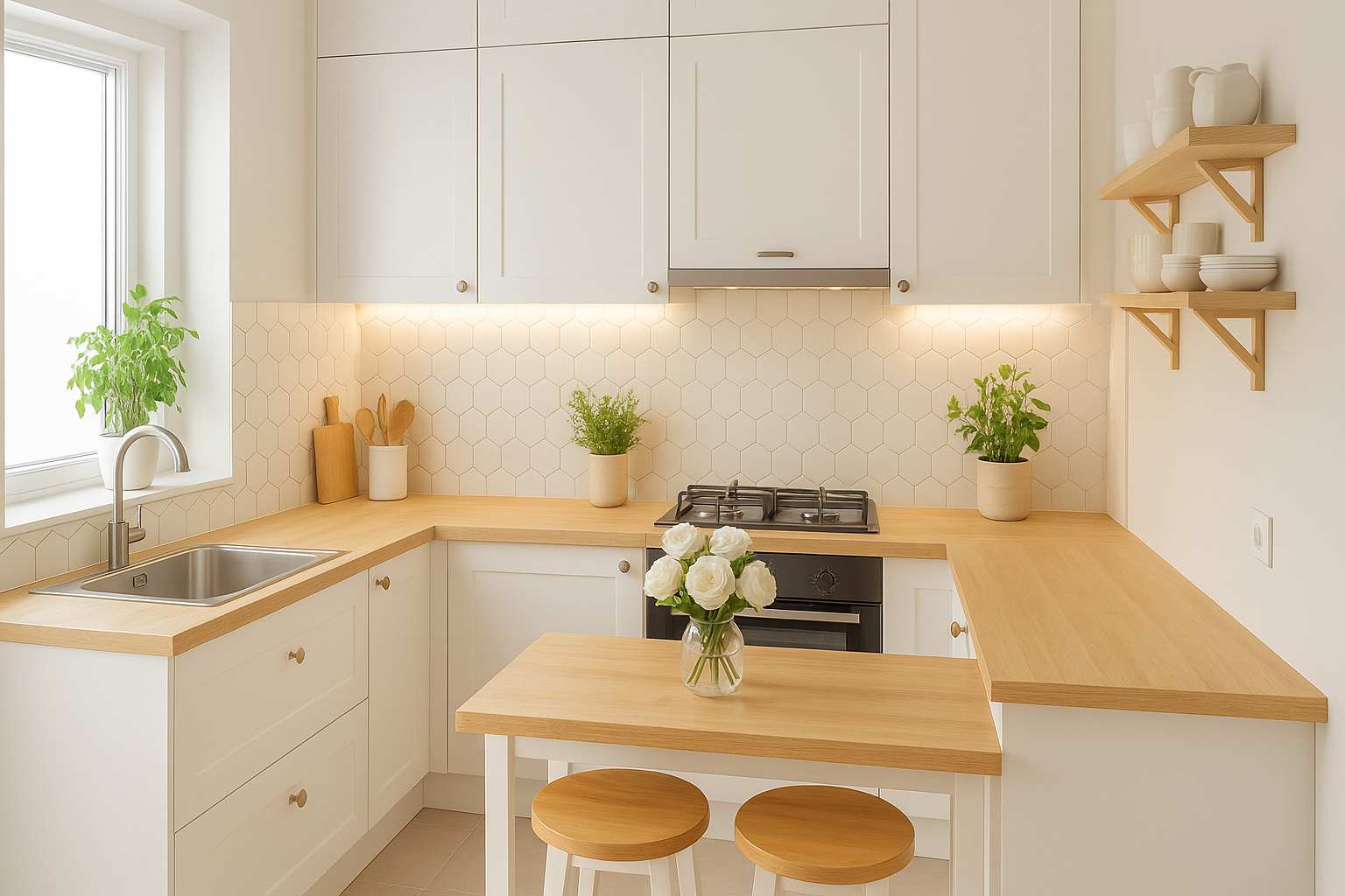 Dapur Bentuk L dengan Backsplash Keramik