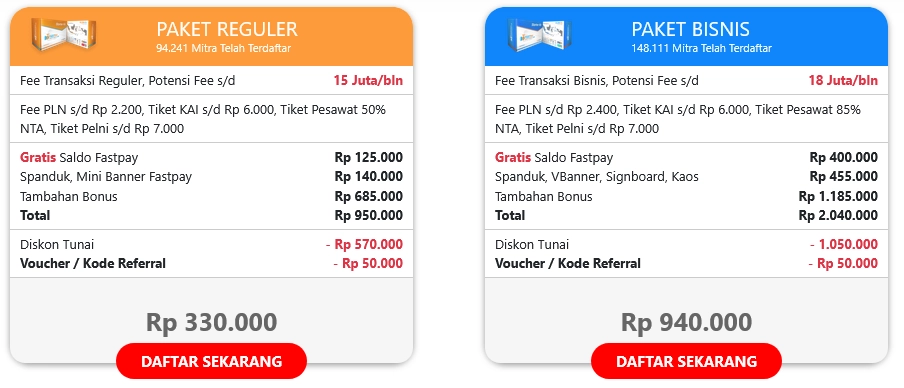 Paket Pendaftaran Fastpay untuk paket reguler dan paket Bisnis Fastpay